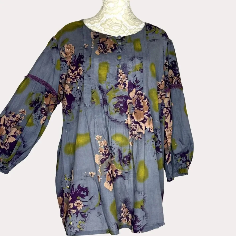 World Market Boho Pleated Crochet Trim Swing Top Blouse Floral S M